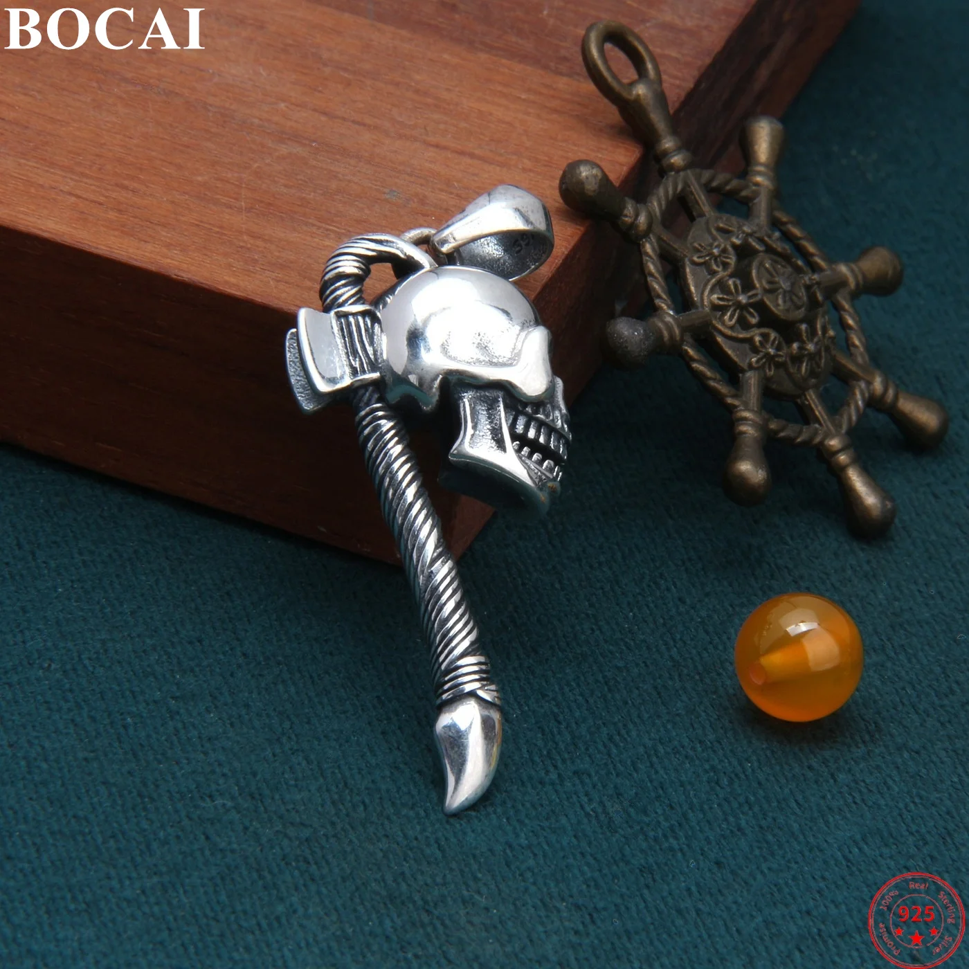 

BOCAI S925 Стерлингового Серебра Подвески Подвески для Женщин Мужчин Ретро Китайская Кисть Половина Череп-Голова Шарм Амулет Панк Ювелирные Изделия Оптом