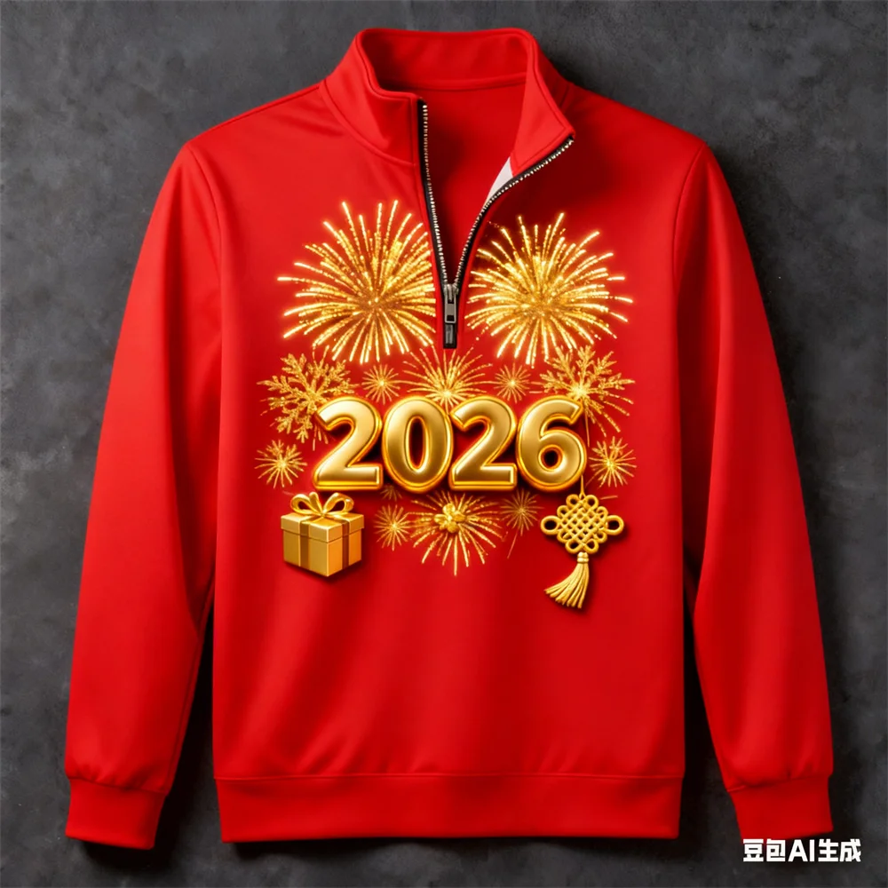 

Men's Women's Fashion New Year Zipper Sweatshirts Autumn Winter Outdoor Casual Long Sleeved Tops 2026 Stylish Creative Pullovers