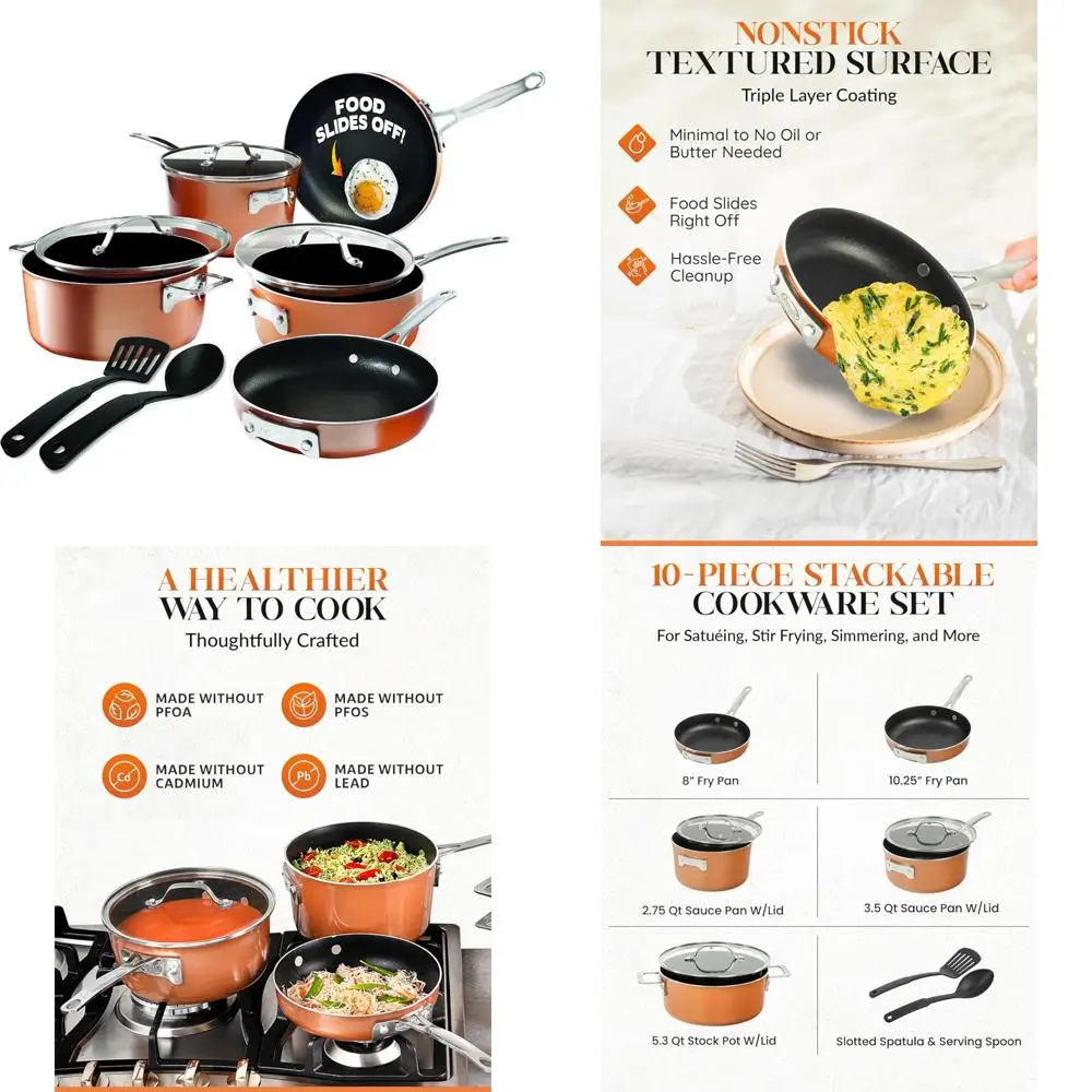 

10-Piece Stackable Cookware Set with Ultra Nonstick Cast Texture Ceramic Coating in Copper Finish