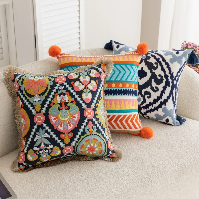Retro Bohemian-style Embroidered Pillowcase Alpaca Floral Flowing Tassels Pompom  Cushion Cover for For Living Room Sofa Decor