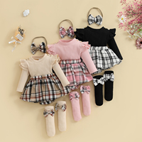SUNSIOM 0-18 Months Baby Girl Rompers Outfits Long Sleeve Plaid Print Skirt Bodysuit with Headband Socks Set Infant Fall Clothes