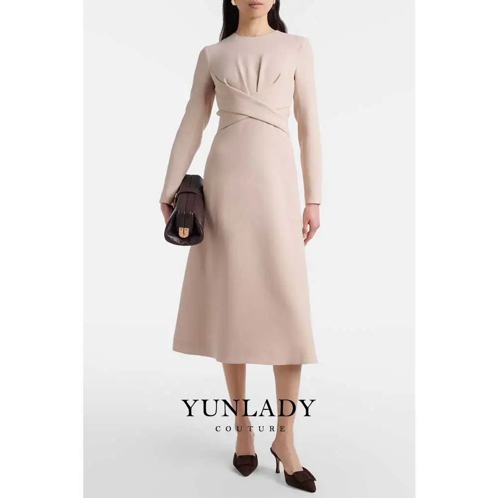 

YUNLAN Elegant Dubai Nude Midi Evening Gown 2026 Arabian Women's Wedding Guest Formal Party Dress with Long Sleeves A-line Dress