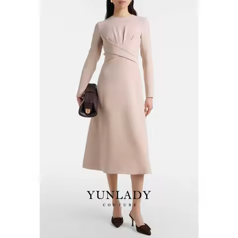 YUNLAN Elegant Dubai Nude Midi Evening Gown 2026 Arabian Women's Wedding Guest Formal Party Dress with Long Sleeves A-line Dress