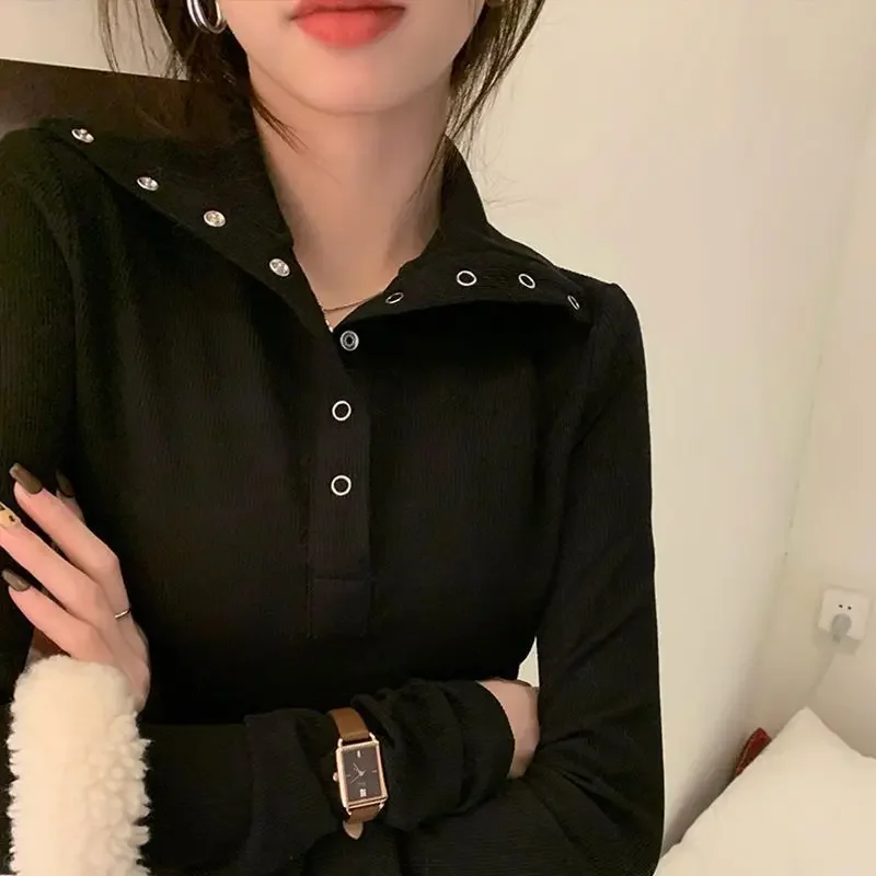 レディース Tシャツ アウター ボタンアップ フレッシュ スイート スタイル スリムフィット 長袖 ベースTシャツ インナー ポリエステル繊維 無地