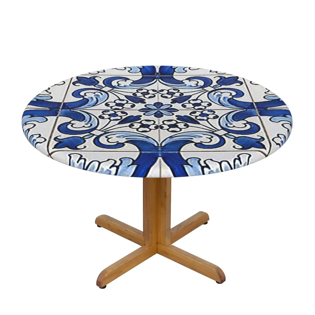 Antique Classic Lisbon Blue Azulejo Tile Floral Waterproof Round Tablecloth Table Cloth for Kitchen Events Dining Table Cover