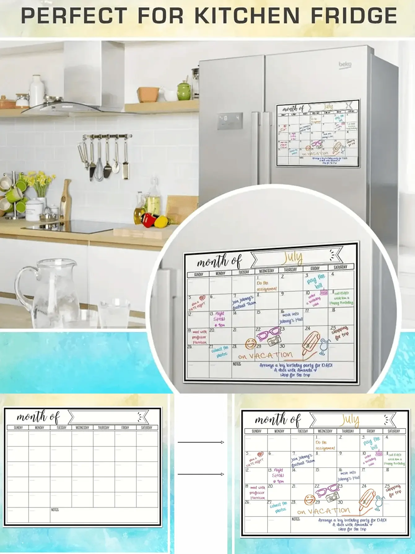 مجموعة واحدة من مخطط المسح الجاف المغناطيسي (مع قلم/ممحاة) - وجبة الثلاجة/منظم المطبخ للتخطيط العائلي