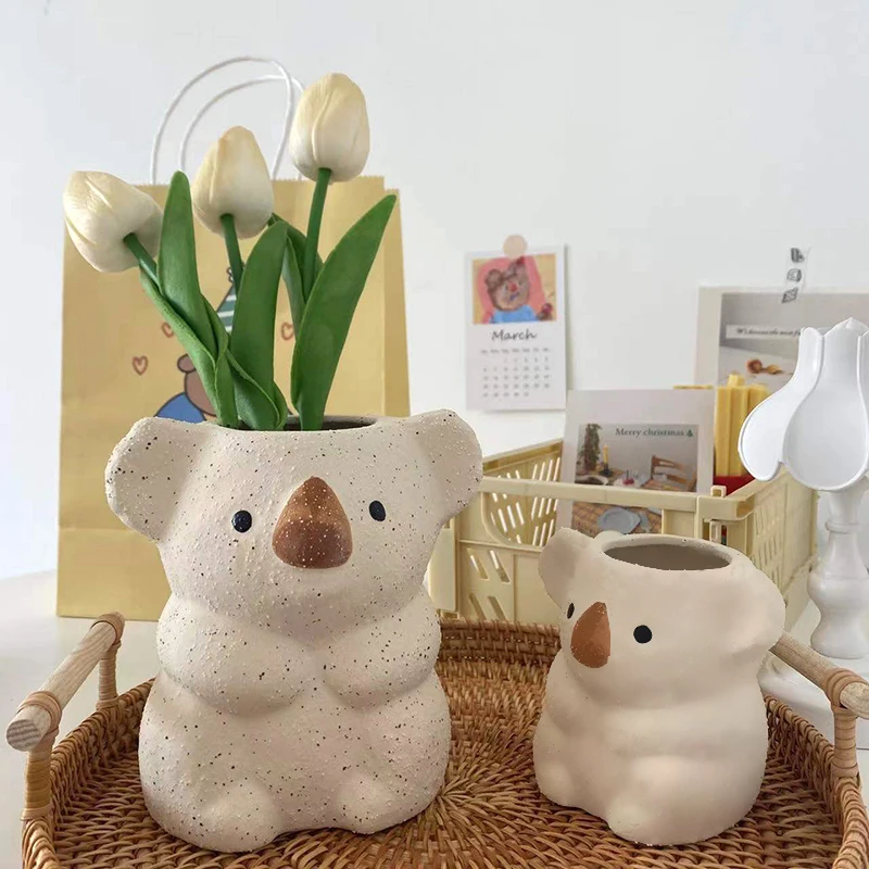 Cartoon Cute Koala Vase Resin Flower Pot Mini Bonsai Succulent Plant Pot Desktop Home Gardening Decoration