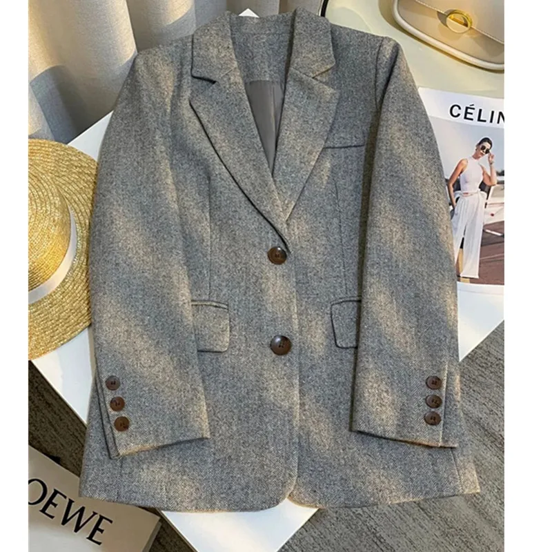 

Office woolen Suit Jacket For women 2026 Spring Autumn New Fashion Temperament Blazer Coat Female Gray Herringbone casual Top