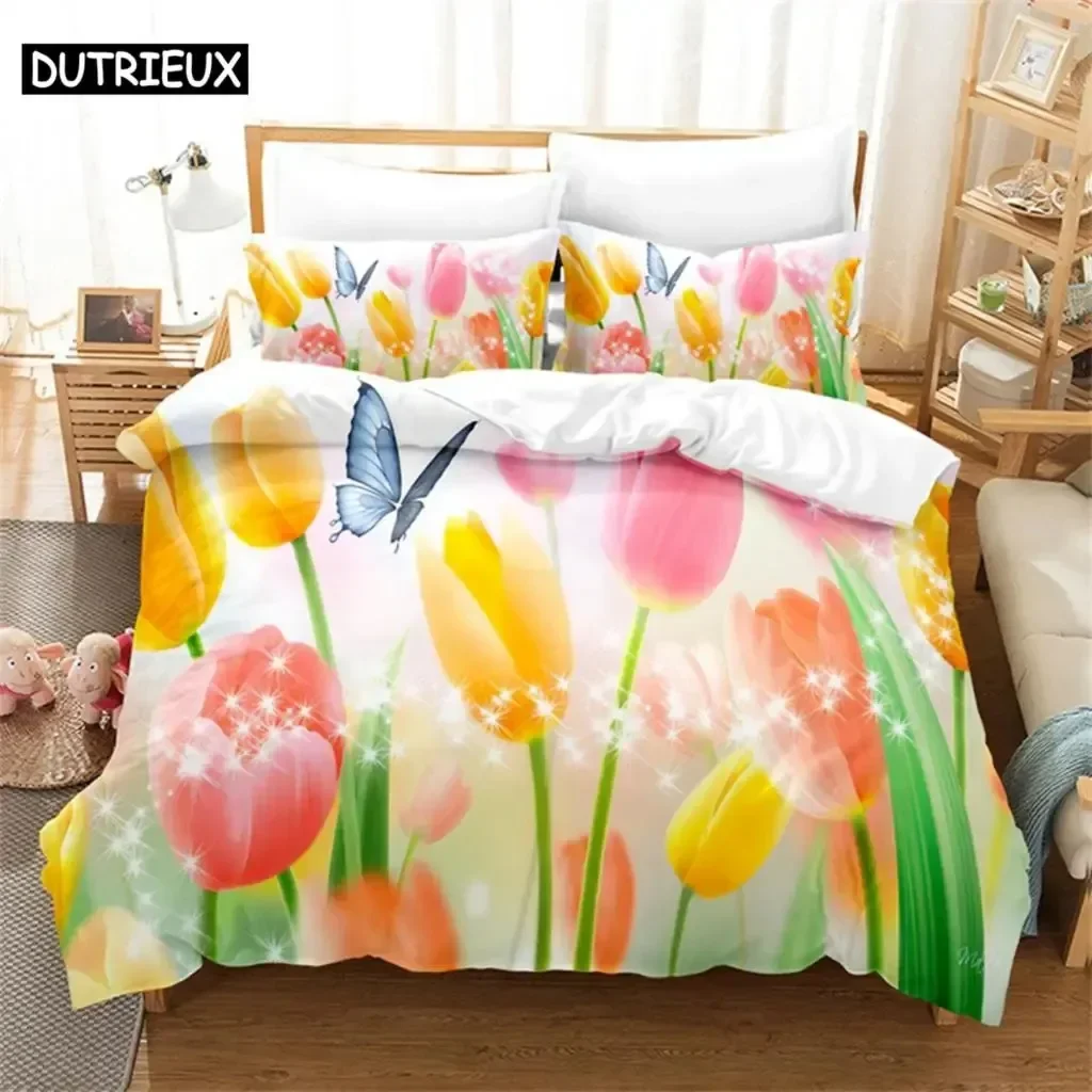 

Butterfly Tulip Queen Bedding Set Duvet Cover Kids Bedroom Bed Set Comforter Cover Set King Size Duvet Cover