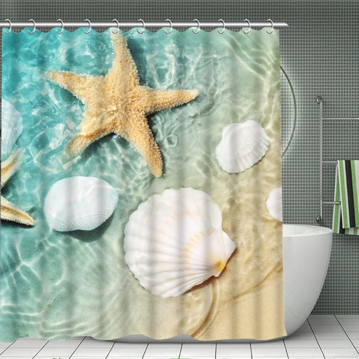 Starfish and Shell Bathroom 4-piece Set, Including Shower Curtain + Anti-slip Mat + Toilet Cover, Summer Ocean Atmosphere