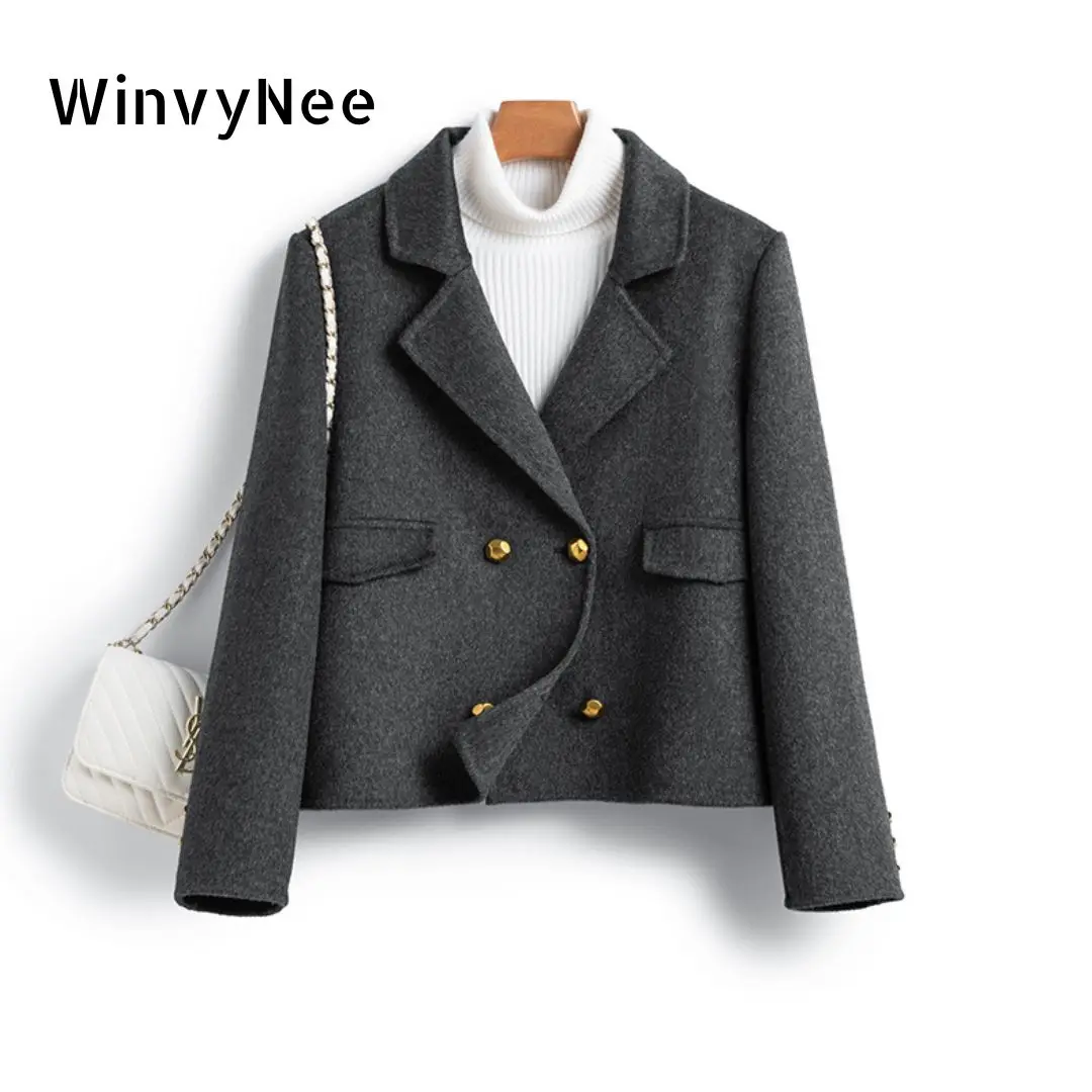 Winvynee-女性用ショートウールコート,両面,グレーウール,折り返し襟,ウールコート,新品,冬,2022,h1343010