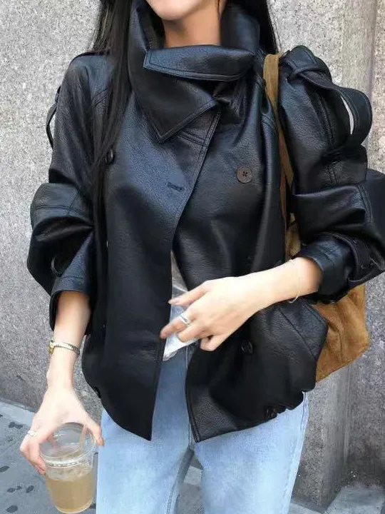 Retro Stylish Heavy Duty Motorcycle Jacket Women's Winter Loose Versatile Stand Collar PU Leather Coat Fashionable Streetwear