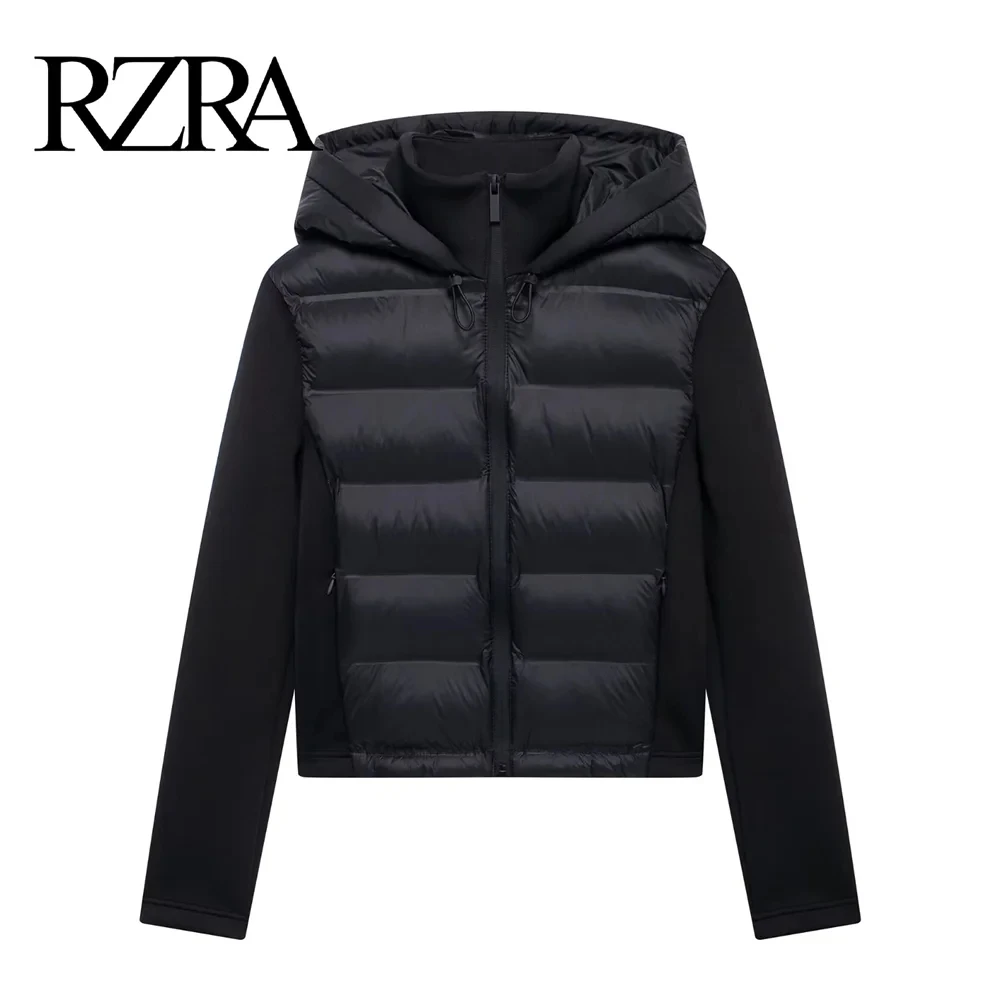 RZRA2024 new winter women\'s black commuter versatile stand-up collar hooded slim cotton jacket with splicing sleeves