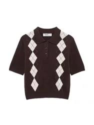 2024 New Fall/Winter Women Geometric Print Knit Shirt Casual Ladies Short Sleeve Lapel T-Shirt