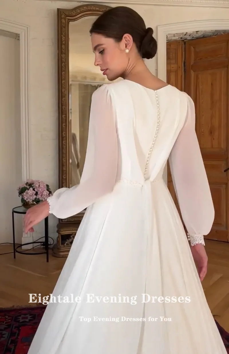 Eightale Boho Wedding Dress Customized O-Neck Long Sleeves White Ivory A-Line Chiffon Muslim Bridal Gown Vestido De Noiva image 4