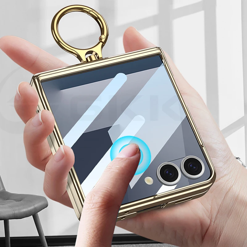 Luksusowe etui z magnetycznym zawiasem do Samsung Galaxy Z Flip 7 6 5, szklany ekran, uchwyt pierścieniowy, twarda obudowa do Galaxy Z Flip7 — zdjęcie produktu 3