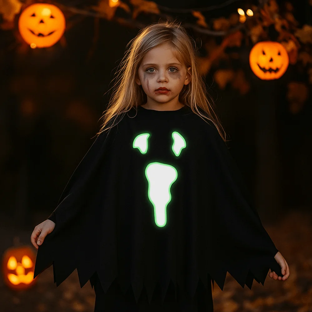

Прохладная одежда, реквизит, светящаяся накидка с призраком, забавная взаимодействие, свободный детский костюм на Хэллоуин, черный праздничный плащ, светящаяся шаль с призраком