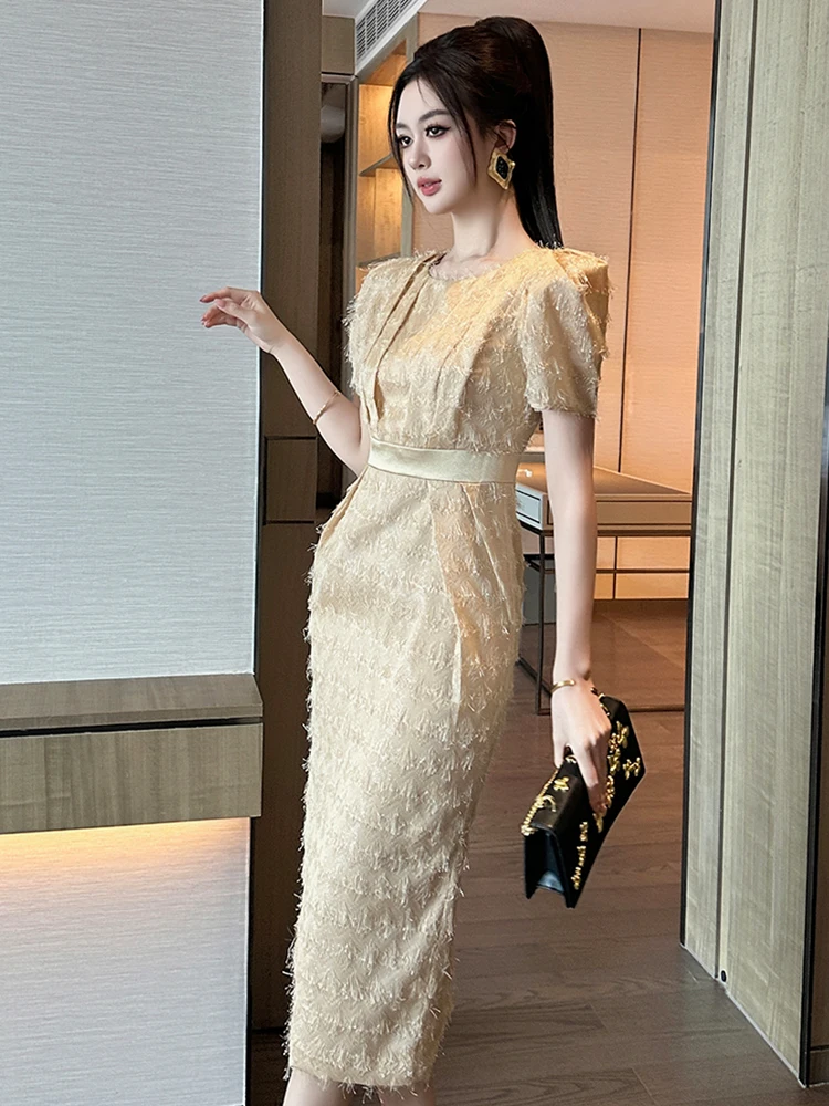 Frauen Kleidung Formelle Anlässe Kurzarm Quasten Schlank Midi Bleistift Kleid Elegante Pendeln Dame Mode Party Vestido Robe Sommer