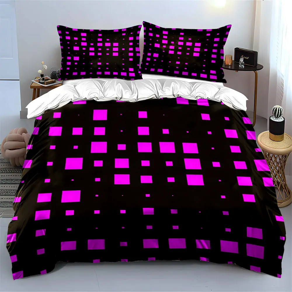 

Modern Neon Geometric Bedding Set, Random sized magenta squares & tiny scattered pin dots against dark backdrop,bedroom decor