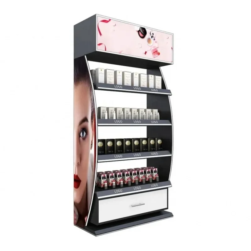 

custom.Keway Modern High-end Wooden Wall Makeup Display Stand Storage Design Cosmetic Display Kiosk Shelves for Sale