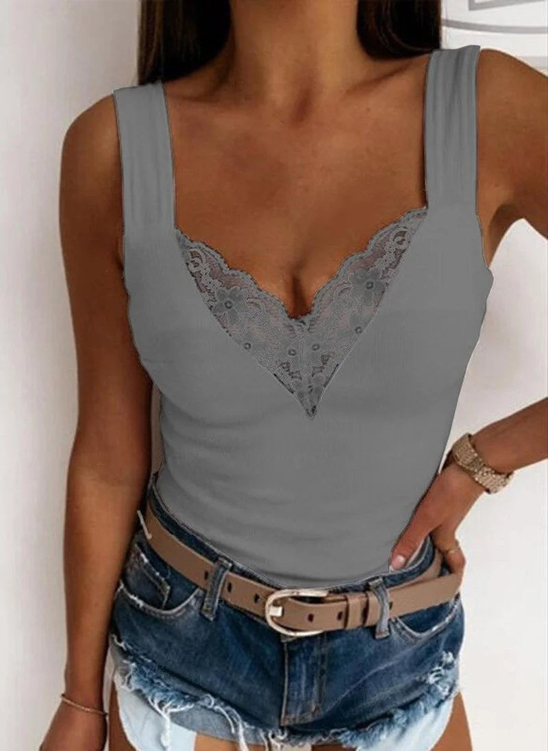 Frauen Sommer Mode V-ausschnitt Tank Casual Einfarbig Spitze Ärmellose Sexy Shirts Schlank Tops – Detail 5