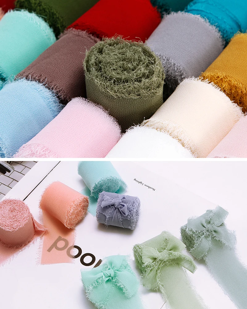 5M Handmade Frayed Edged Satin Chiffon Silk Ribbon For Wedding Invitation Wrapping Bouquets Birthday Party Decorations Gifts