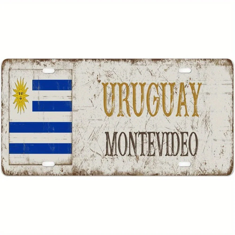 Placa de Matrícula con la Bandera de Uruguay - Decoración Vintage para Auto de Montevideo con Efecto Desgastado, Marco de Metal Resistente - Auténtica Decoración Automotriz Uruguayana