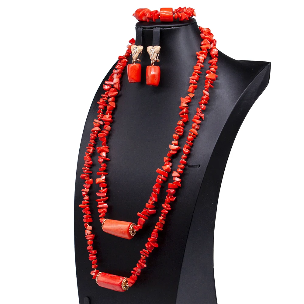 Natural Coral Jewelry Set African Costume Nigeria Coral Beads Necklace Jewelry Set Bridal Jewellery Set Orange ABG076