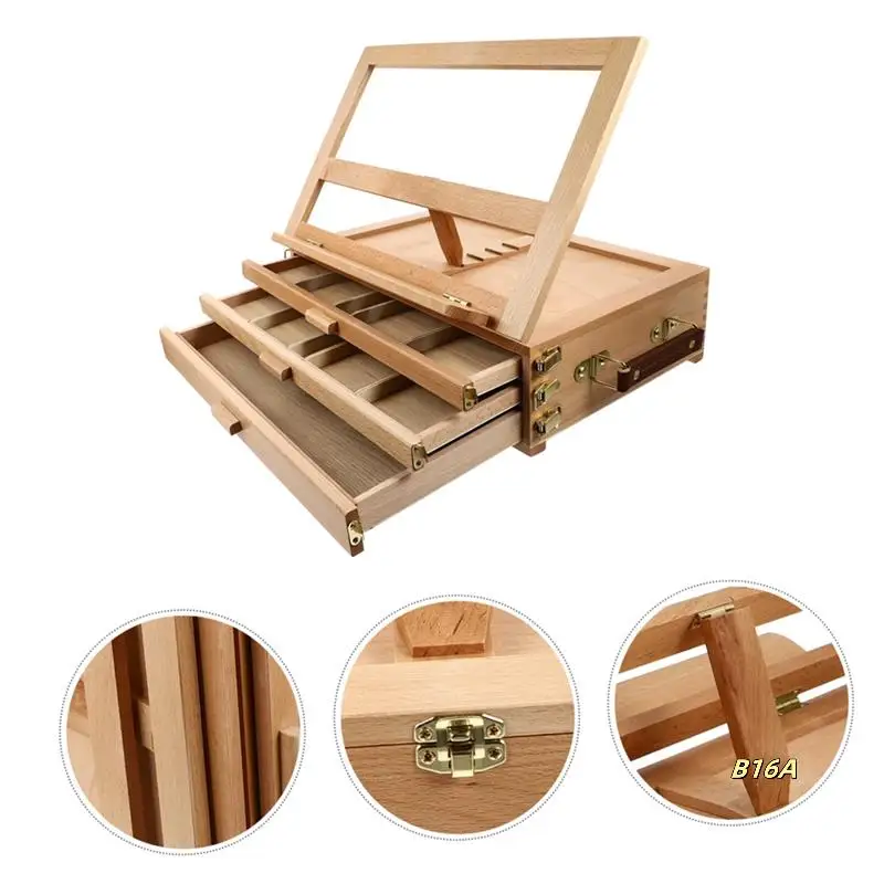 Wood Desk Table Easel - Handcrafted Beechwood Desktop Easel & Wooden Art Tabletop Box For Drawing, Painting For Storage