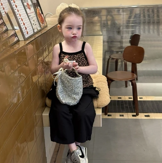 

Girls Set 2025 Summer New Childrens Wear Korean Style Baby Girl Spice Girl Wind Leopard Print Halter Pants Two-piece Set