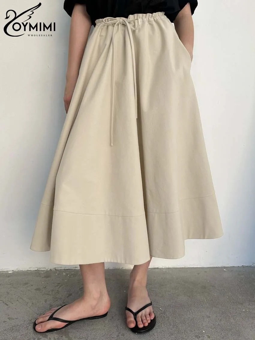 

Oymimi Casual Khaki Loose Women's Skirt Elegant Drawstring High Waist Skirts Fashion Pockets Mid-Calf Skirts Female Clothing