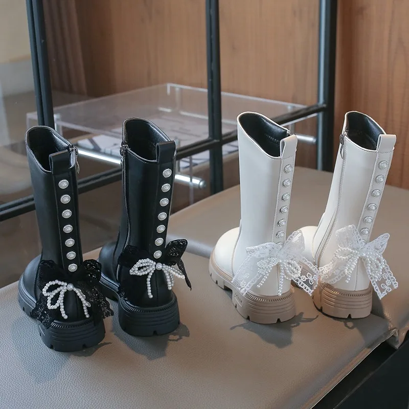 2026 Knee Length Princess Boots Children Shoes Kids Boots Autumn Winter Fashion High Top Student Shoes Girls Sneakers with Bow