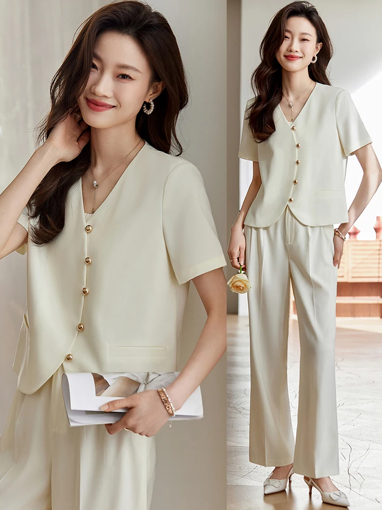 

Muted Beige Women's Suit Set Short Sleeve Fashionable Small Stature Two-Piece Suit V-Neck Single Button Polyester Blend