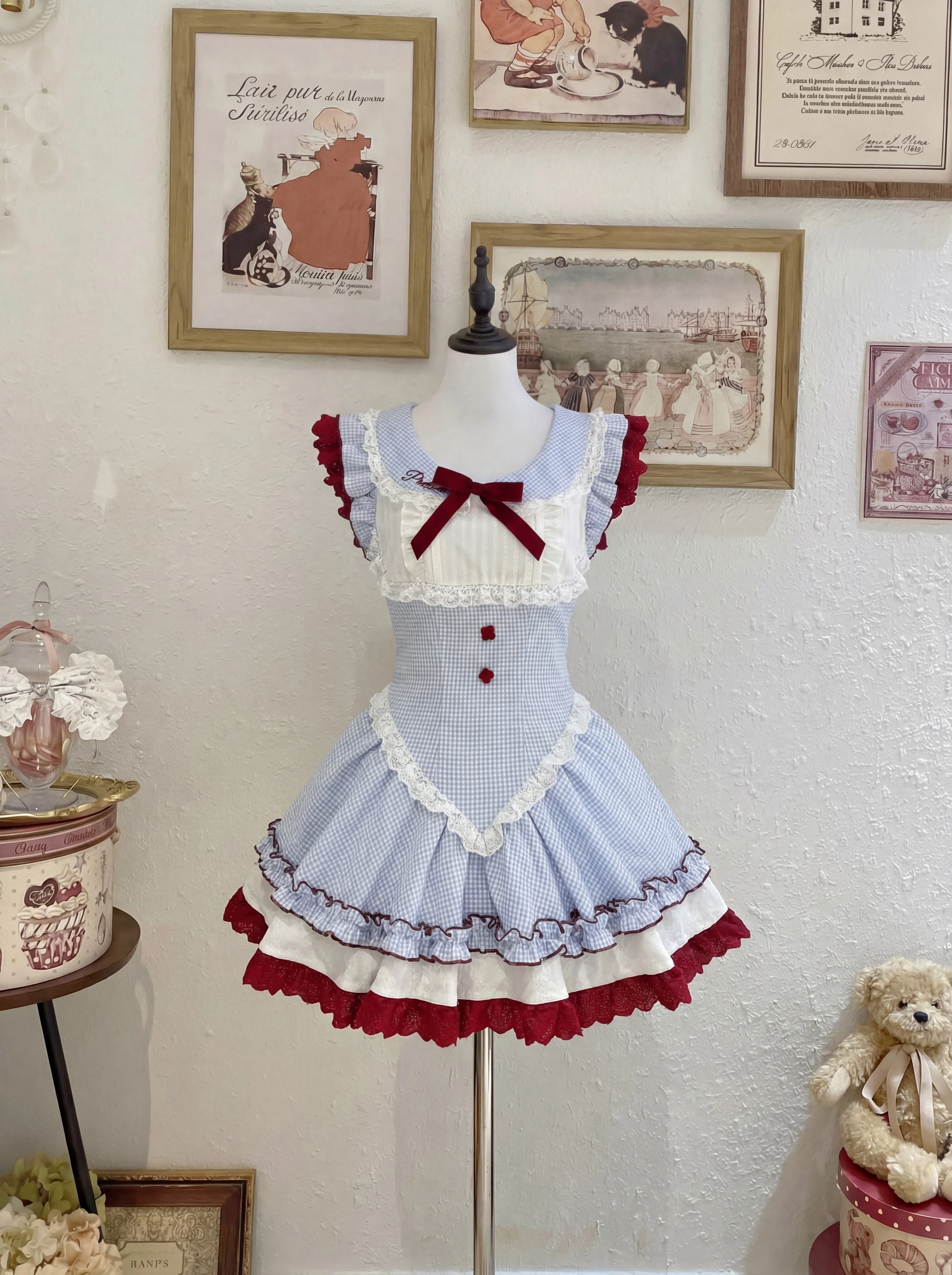 

Японское платье в клетку с кружевными вставками, новый дизайн, приталенное, очаровательное синее летнее платье, модный наряд в стиле Харадзюку Каваи, 2026