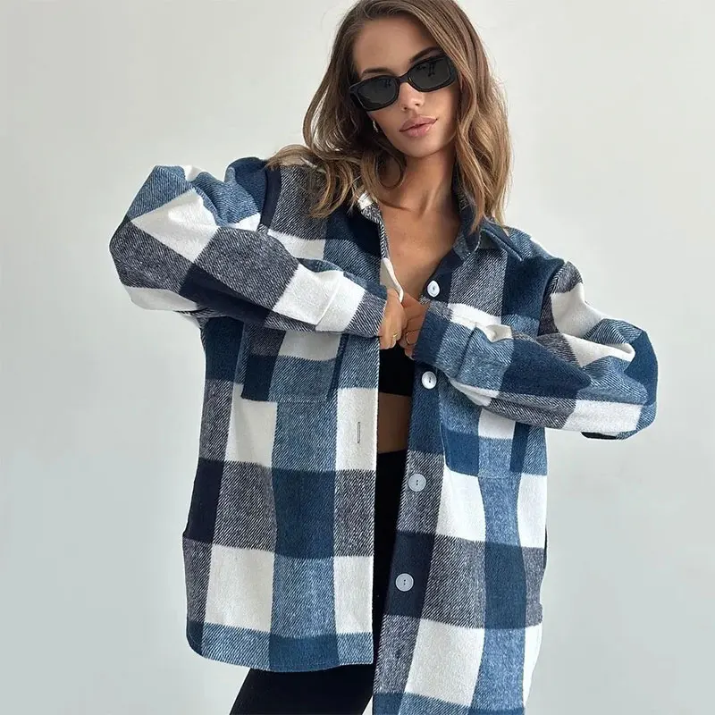 

2025 New Summer Shirt Women's Fashion Casual Top Long-Sleeved Loose Cardigan Lapel Checkered Versatile Blouses Female ZL146