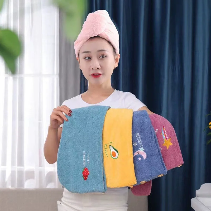 Coral Plush Thick Dry Hair Cap Cartoon Embroidery Absorbent Triangle Cap Women's Bath Cap Absorbent Dry Hair Towel