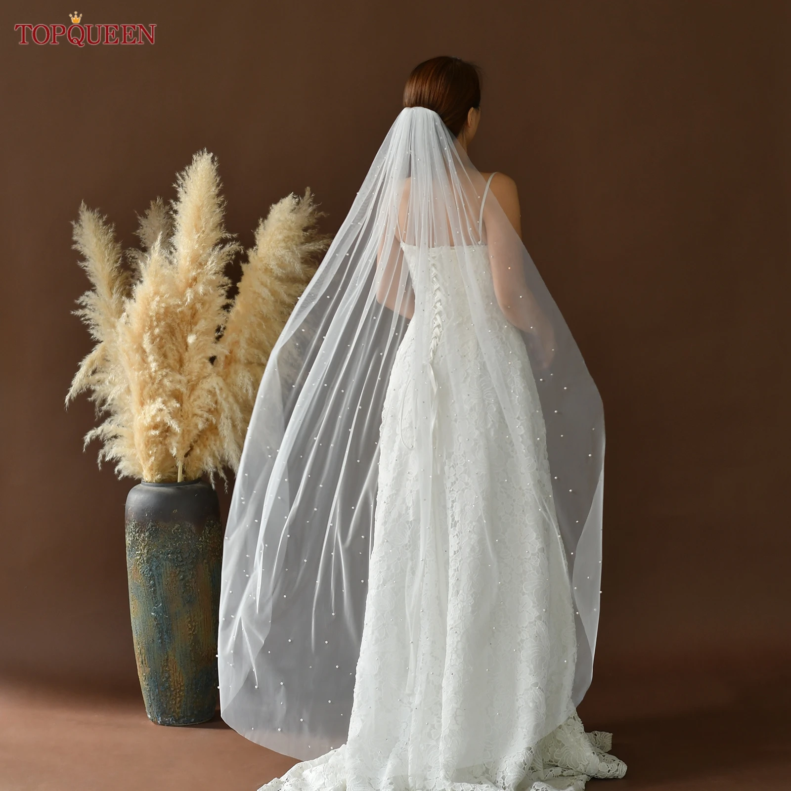 

TOPQUEEN M62 жемчужная свадебная фата 1-слойная мягкая фата со стразами длиной вальса свадебные аксессуары настраиваемые