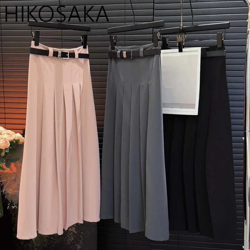 

Preppy Style Chic Casual Pleated Long Skirts Women Solid All-match Elegant A-line Jupe Female 2024 New Slim Faldas Mujer Moda