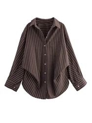 HH Autumn Blouses Woman Trendy Solid Stripe Turn-Down Collar Long Sleeve Buttons Single Breasted Female Street Shirts