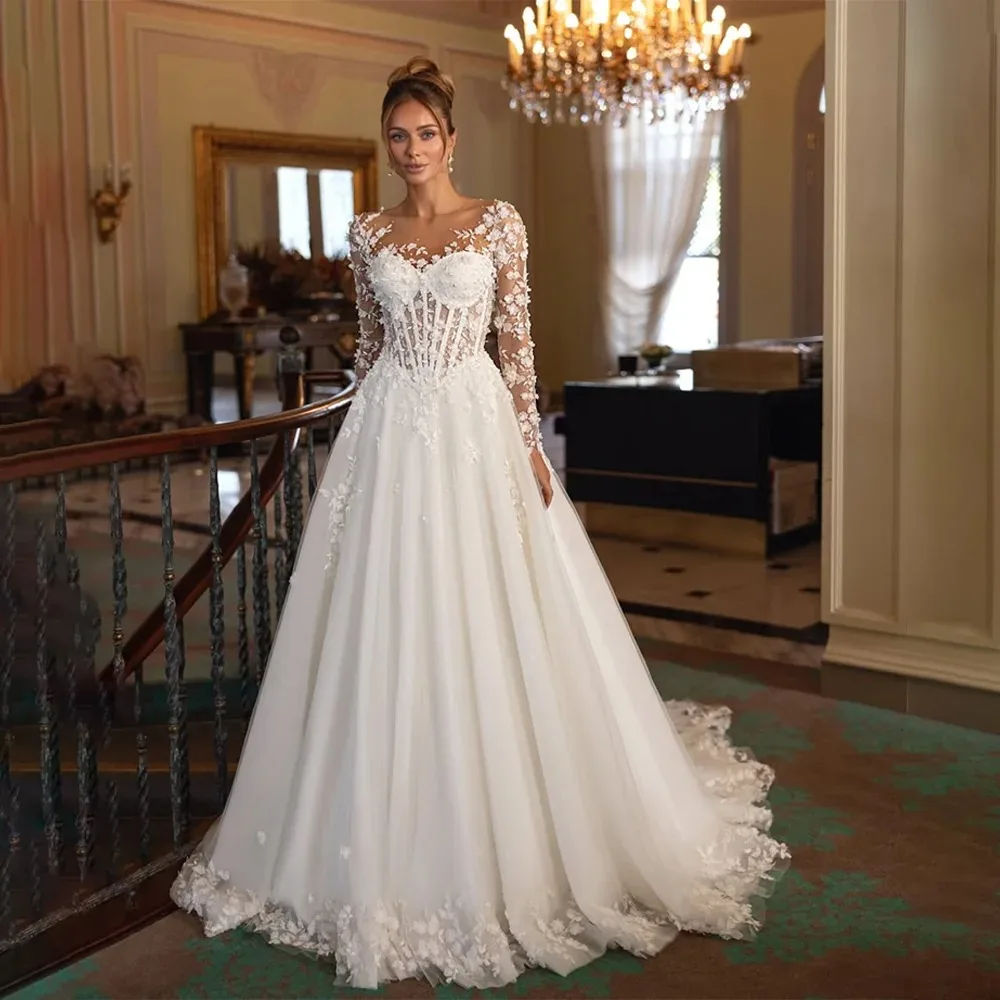 

Boho Illusion Neck Tulle Appliques Lace Long Sleeve Wedding Gown Lace up Back A-line Bridal Dress with Sweep Train Custom Made