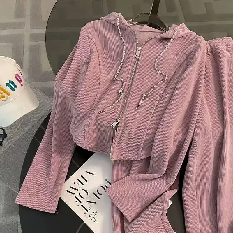 Corea Chic reducción de edad traje con cordones Sudadera con capucha estilo occidental Casual ventilación cintura alta pantalones de pierna ancha conjunto dulce pantalón