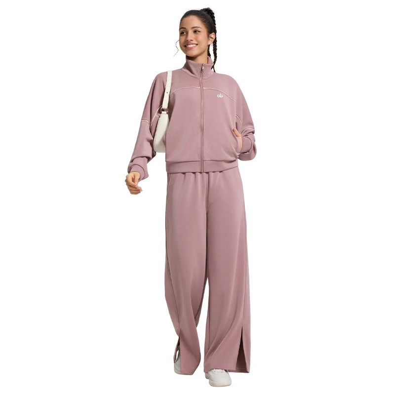 Women Autumn Winter Modal Yoga 2 Piece Set Long Sleeve Zipper Jacket Wide Leg Straight Pants Commuting Sports Outfit