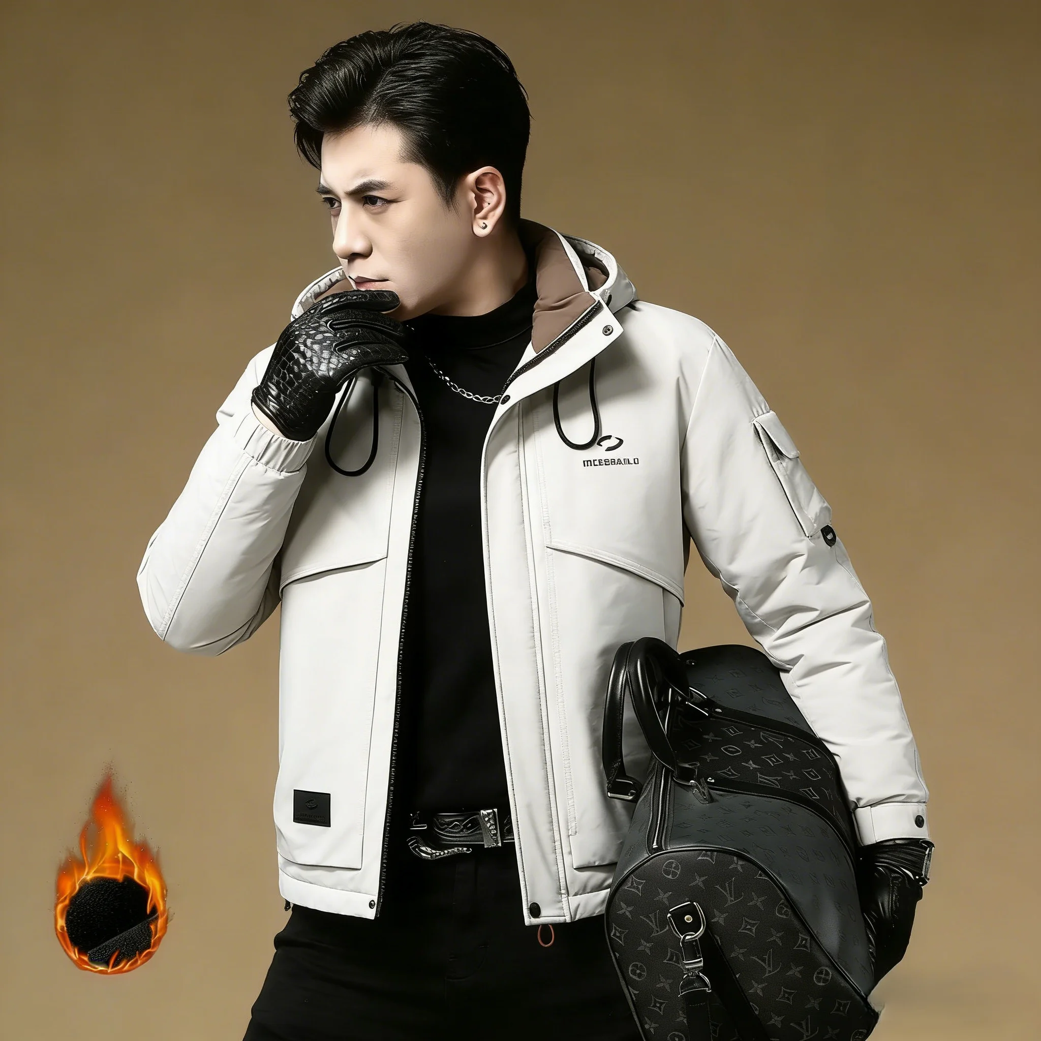

Men's ort Thiened White Du down Jaet Winter Warm Loose Casual Coat with Hood Artificial Leather Wedding Polyester Fiber
