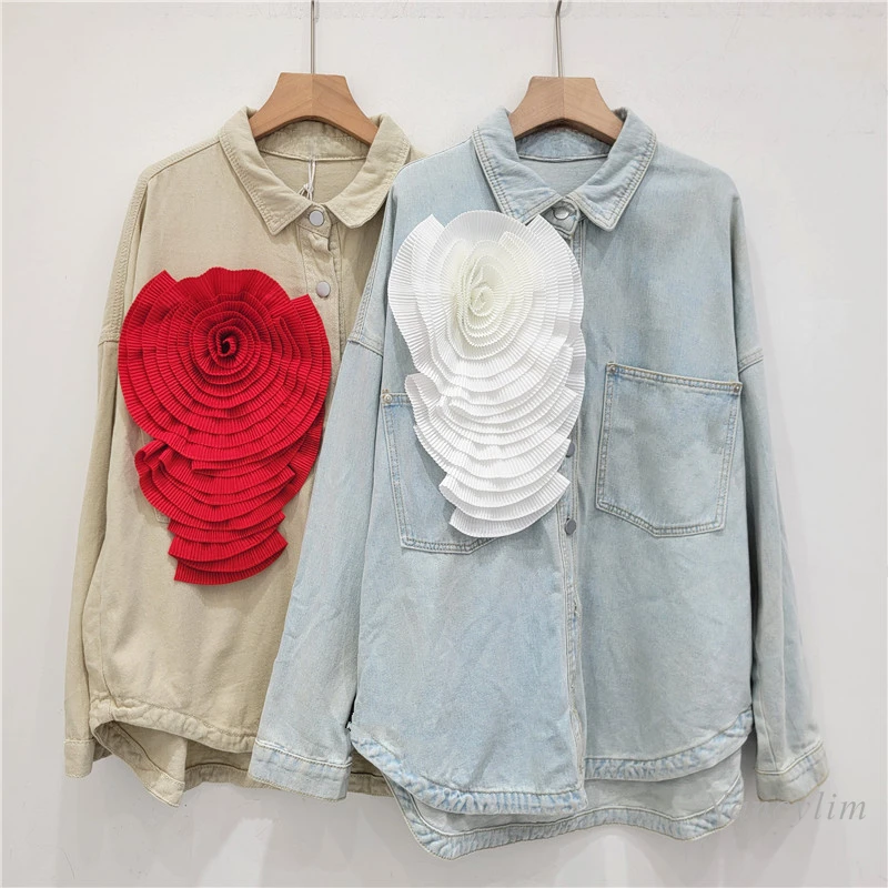 2024 Spring and Autumn Korean Style All-Matching Flower Denim Shirt Blousesd Women's Loose Oversized Long Sleeves Denim Coat