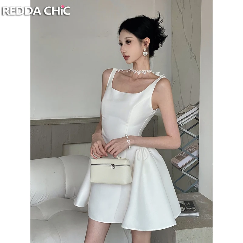 

ReddaChic Summer Wedding White Dress for Women Elegant Sleeveless Lace Choker Ruffle Puffy Hem Mini Dress Party Formal Clothes