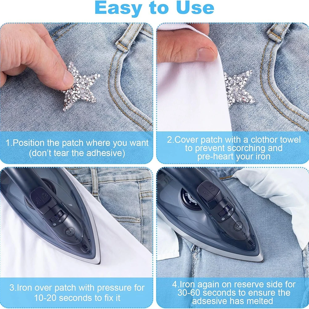 10pcs Star Iron on Patches Glitter Rhinestone Adhesive Star Appliques Shiny Iron on Star Patches for Hats Clothing Repair Decor