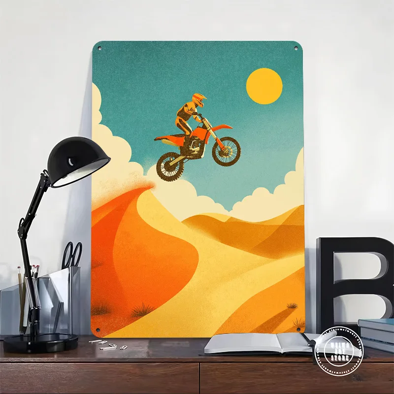Motocross Rider Jumping Over Sand Dunes Personalized 3D Textured Metal Poster Wall Art Tinplate Sign for Home Decoration Gaming