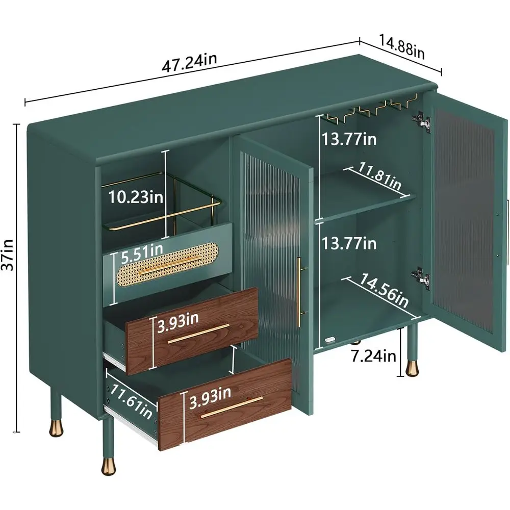 48 Green Coffee Bar Cabinet with Wine Racks and Drawers, Expandable Sideboard for Bar Cart, Kitchen, Dining, Living Room