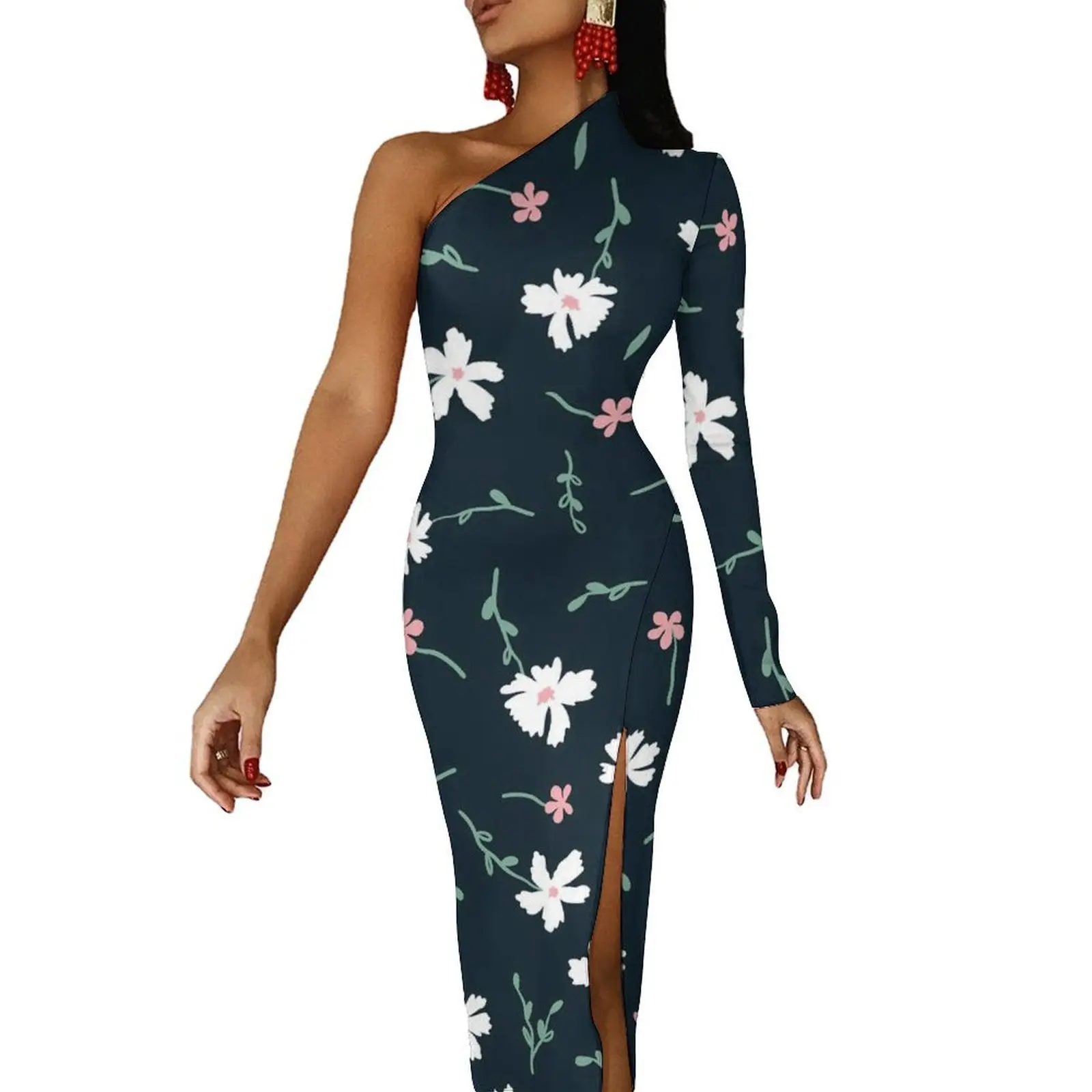 

Daisies Floral Long Dress Female Lovely Doodle Flowers Streetwear Maxi Dress Autumn Sexy Bodycon Dresses High Slit Vestidos