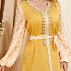 Vestido de noite muçulmano para mulheres, Abaya, musselina, decote em v, Kaftan, Eid Mubarak, Dubai, Turquia, caftan marroquino, moda